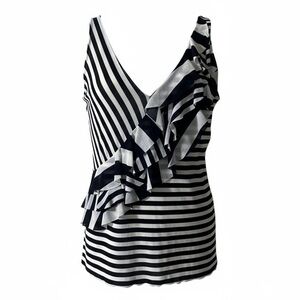 Georges Rech Top Size 3 XS Small Stripes Navy Blue Asymmetrical Ruffle Mesh Knit